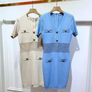 BALMAIN Short Sleeve Buttoned Knit Dress