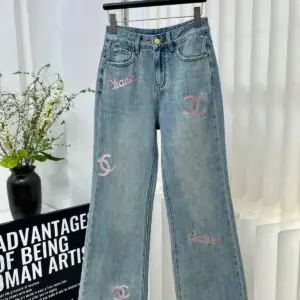 CHANEL Embroidered Wide Leg Denim Jeans