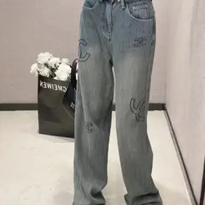 CHANEL C H Distressed Wide Leg Denim Pants