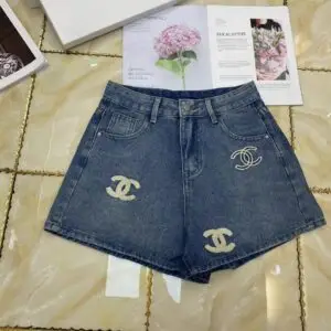 CHANEL High Waist Curved Denim Shorts