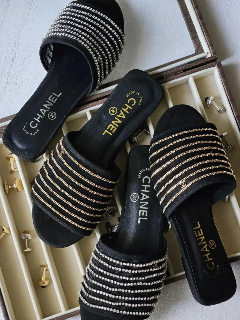 Chanel Style Suede Gold Chain Sandal Chanel Style Suede Gold Chain Sandal