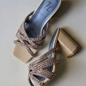 GINA Beige Leather Crystal Slide Sandals