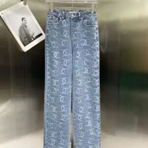 CHANEL Printed Denim Wide Leg Jeans
