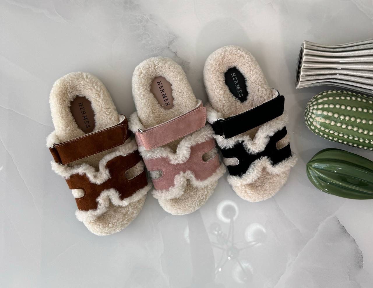 HERMES Chypre Shearling Lined Slippers HERMES Chypre Shearling Lined Slippers