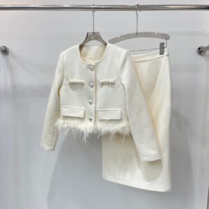 CHANEL Tweed Jacket with Feather Trim & Skirt Set