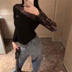 PRADA Contrast Lace Mock Neck Tee