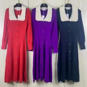 SANDRO Scalloped Collar Lantern Sleeve Midi Dress