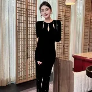 SANDRO Long Sleeve Cutout Slit Midi Dress