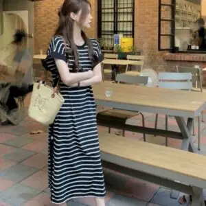 SANDRO Short Sleeve Striped Midi Dress