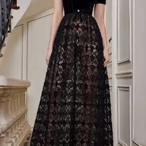 VALENTINO Embroidered Lace Shine Maxi Skirt