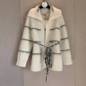 Valentino Blanco Striped Logo-Intarsia Belted Cardigan