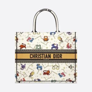 Design BAG NEW ARRIVAL - CD LARGE BOOK TOTE LATTE MULTICOLOR PIXEL ZODIAC EMBROIDERY 42CM for women - Dubai Fashion LUX