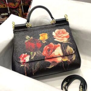 Design Dauphine Roses Print Small Miss Sicily Satchel Black - Dubai Fashion LUX