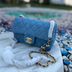 Design Denim Quilted CC Pearl Crush Mini Rectangular Flap Blue - Dubai Fashion LUX