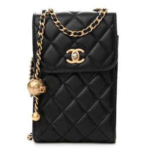 Design Lambskin Quilted Pearl Crush Phone Holder With Chain Black - Dubai Fashion LUX