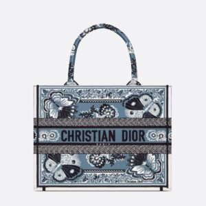 Design MEDIUM BOOK TOTE Denim Blue Multicolor Butterfly Bandana Embroidery (36 x 27.5 x 16.5 cm) - Dubai Fashion LUX