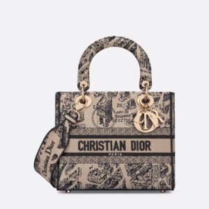 Design MEDIUM LADY D-LITE BAG Beige and Black Plan de Paris Embroidery - Dubai Fashion LUX