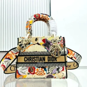 Design Medium Lady D-Lite Bag Beige Multicolor Brocart Butterfly Embroidery - Dubai Fashion LUX