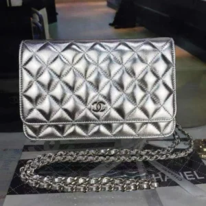 Design Metallic Lambskin Quilted Wallet On Chain WOC Silver - Dubai Fashion LUX