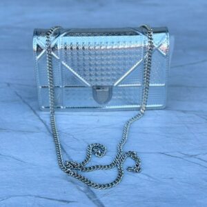 Design Metallic Silver Micro Cannage Leather Wallet On Chain Clutch Bag - Dubai Fashion LUX