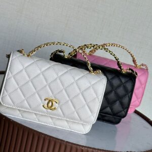 Design Shiny Calfskin Quilted Top Handle Wallet on Chain WOC White - Dubai Fashion LUX