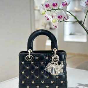 Design SMALL LADY BAG Cannage lamb leather in black with butterfly rivets - Dubai Fashion LUX